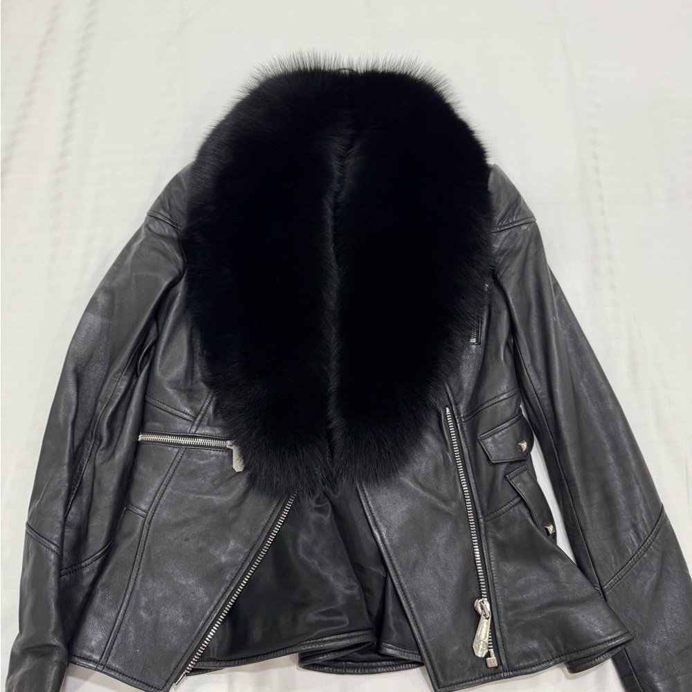 Philipp Plein Black Leather Jacket with Fur Collar